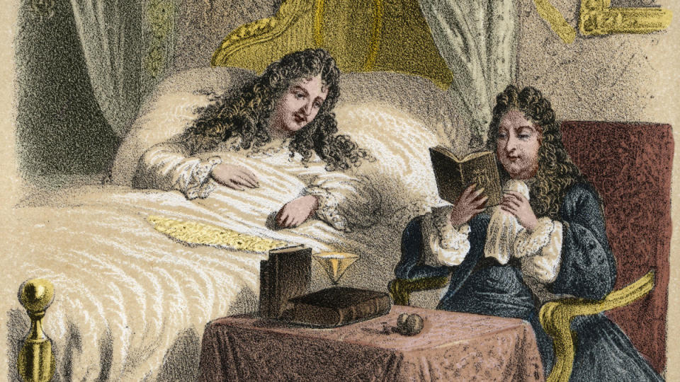 Le roi Louis XIV aimait à entendre lire Jean Racine et le faisait venir lorsqu'il était malade. Gravure de A. Duruy dans Illustrations littéraires de la France ou Galerie anecdotique de nos principaux auteurs peints par leurs actions ou leurs écrits par J.B. Maigrot, 1865. Collection privée. | ©Bianchetti / Leemage via AFP