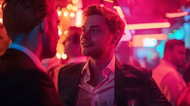 35 years old Prince George of England flirting with a male model in a nightclub in london, bromance, hyper real, taken by sony a7m3 --ar 16:9 Job ID: 3a4e5984-576e-4304-b824-8285a689c522