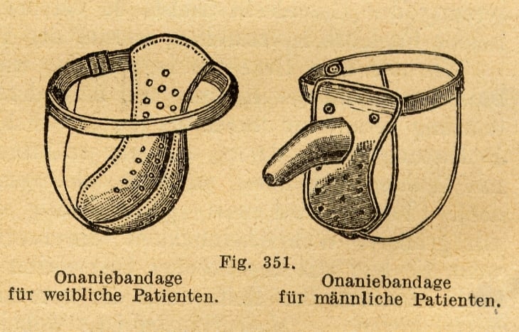 Représentation de deux modèles (féminin à gauche, masculin à droite) de ceintures de chasteté, pour empêcher la masturbation, dans le livre Handbuch der Sexualwissenschaften («Manuel des sciences sexuelles») du psychiatre et sexologue allemand Albert Moll, paru en 1921. | Domaine public / via Wikimedia Commons